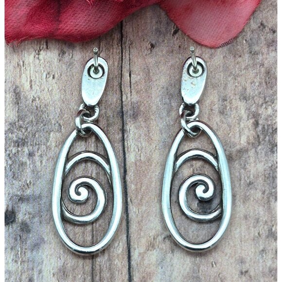 Lot of 3 Silver Tone Pierced Dangle Drop Earrings Hoops Swirl Navy Blue Centers - Picture 7 of 10